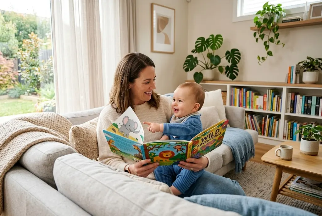 Parent reading to a baby to support how do babies learn language during early development