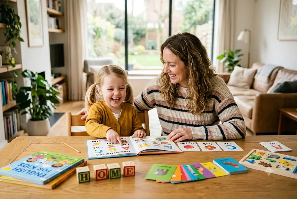 Parent using teaching children english language learning methods with a young child during an English lesson